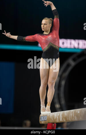 Montreal, Canada. 3rd Oct, 2017. Gymnast Elsabeth Black (CAN) competes during qualifications at the 47th FIG Artistic Gymnastics World Championships at Olympic Stadium in Montreal, Canada. Ellie Black placed third after qualifications. Melissa J. Perenson/CSM/Alamy Live News Stock Photo