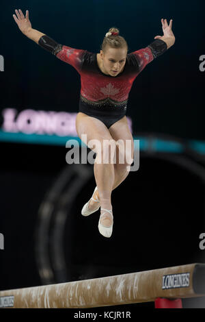 Montreal, Canada. 3rd Oct, 2017. Gymnast Elsabeth Black (CAN) competes during qualifications at the 47th FIG Artistic Gymnastics World Championships at Olympic Stadium in Montreal, Canada. Ellie Black placed third after qualifications. Melissa J. Perenson/CSM/Alamy Live News Stock Photo