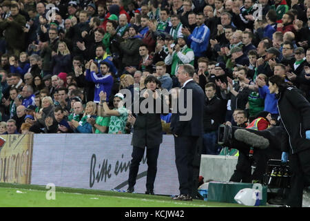 National Football Stadium at Windsor Park Belfast Northern Ireland. 05 October 2017. 2018 World Cup Qualifier - Northern Ireland v Germany. Managers - Joachim Low German and Michael O'Neill (right) Northern Ireland. Credit: David Hunter/Alamy Live News. Stock Photo