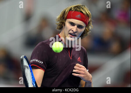 Beijing, China. 6th Oct, 2017. Alexander Zverev of Germany reacts during the men's singles quarter-final match against Andrey Rublev of Russia at the China Open tennis tournament in Beijing on Oct. 6, 2017. Credit: Ju Huanzong/Xinhua/Alamy Live News Stock Photo