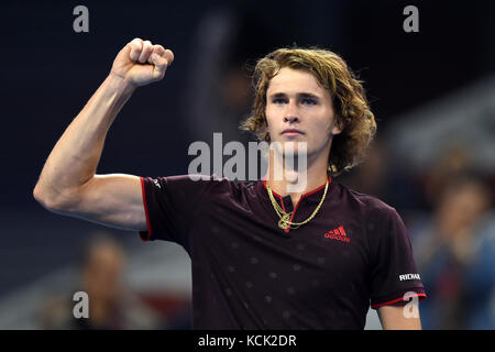 Beijing, China. 6th Oct, 2017. Alexander Zverev of Germany celebrates after winning the men's singles quarter-final match against Andrey Rublev of Russia at the China Open tennis tournament in Beijing on Oct. 6, 2017. Credit: Ju Huanzong/Xinhua/Alamy Live News Stock Photo