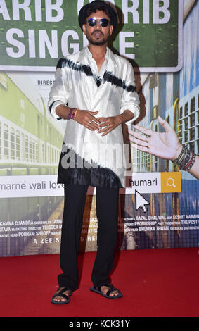 Mumbai, India. 06 October, 2017. Bollywood  Actor Irrfan Khan at the trailer launch event of his upcoming Hindi film  'Qarib Qarib Singlle” at PVR cinema, juhu in Mumbai. Credit: Azhar Khan/Alamy Live News Stock Photo