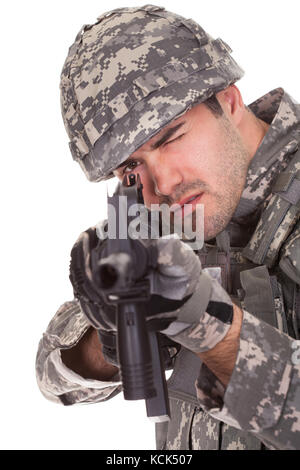 Soldier Aiming With Rifle Over White Background Stock Photo - Alamy