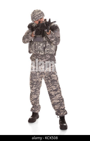 Soldier Aiming With Rifle Over White Background Stock Photo - Alamy
