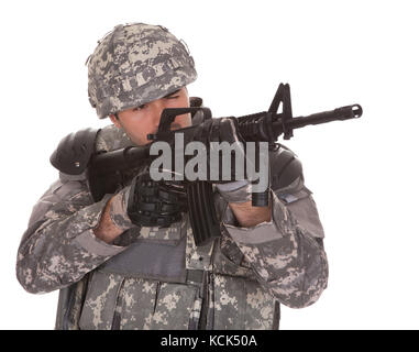 Soldier Aiming With Rifle Over White Background Stock Photo - Alamy