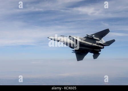 U.S. Air Force F-15 Eagle stealth fighter aircraft flies over the Nellis Air Force Base Nevada Test and Training Range July 10, 2017 near Las Vegas, Nevada.  (photo by Daryn Murphy via Planetpix) Stock Photo