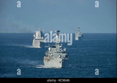 The British Royal Navy Type 23 Duke-class frigate HMS Westminster steams in formation with British and Norwegian ships during exercise Saxon Warrior August 7, 2017 in Minch, Scotland.  (photo by Darien Weigel  via Planetpix) Stock Photo