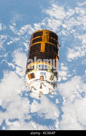 The Japanese HTV-6 cargo spacecraft departs the NASA International Space Station Harmony module after detaching from the Canadarm2 robotic arm January 27, 2017 in Earth orbit.   (photo by NASA Photo via Planetpix) Stock Photo