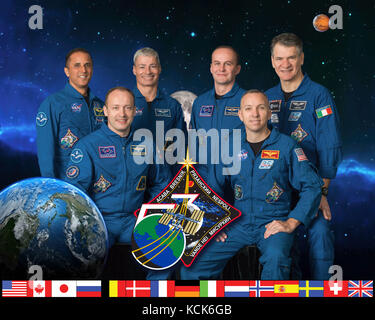 Official portrait of NASA International Space Station Expedition 53 prime crew members (L-R, front) Russian cosmonaut Alexander Misurkin of Roscosmos, American astronauts Randy Bresnik, (L-R, back) Joe Acaba and Mark Vande Hei, Russian cosmonaut Sergey Ryazanskiy of Roscosmos, and Italian astronaut Paolo Nespoli of the European Space Agency at the Johnson Space Center June 20, 2017 in Houston, Texas.  (photo by NASA Photo  via Planetpix) Stock Photo