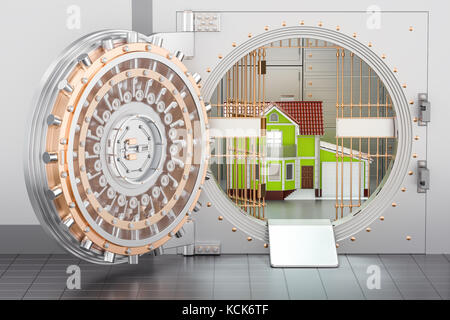 Home inside bank vault. House security and protection concept, 3D rendering Stock Photo
