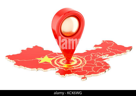 Map pointer on the map of China, 3D rendering isolated on white background Stock Photo