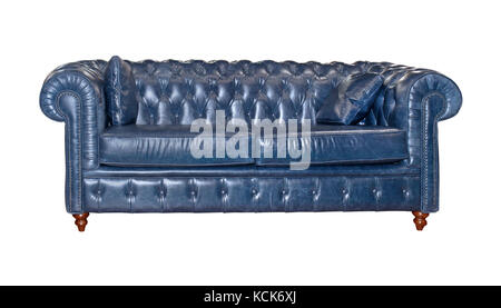 Blue leather retro sofa isolated with clipping path included Stock Photo
