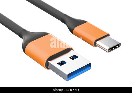 USB-C charging data cable, type C male to type A male. 3D rendering Stock Photo