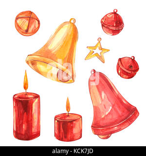 Watercolor christmas collection. Hand painted holiday elements isolated on white background. Candles and bells. Stock Photo