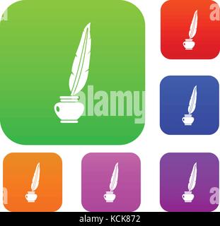 Feather quill pen standing in bottle of ink set color collection Stock Vector