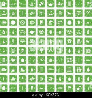 100 child health icons set grunge green Stock Vector