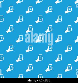 Hand holding smartphone with photo pattern seamless blue Stock Vector