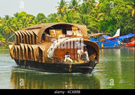 house boat in backwaters between Kollam and Cochin, Kerala, India Stock Photo
