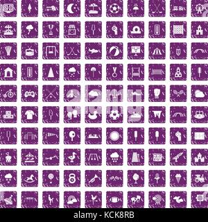 100 childrens playground icons set grunge purple Stock Vector