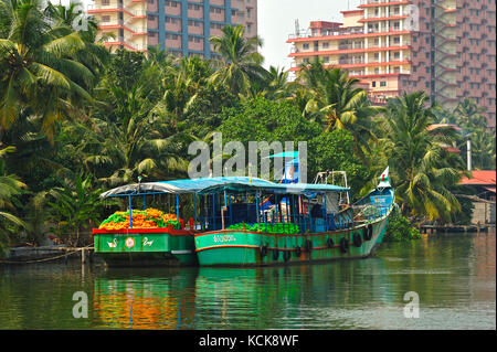 moored fishing boats in backwaters between Kollam and Cochin, Kerala, India Stock Photo