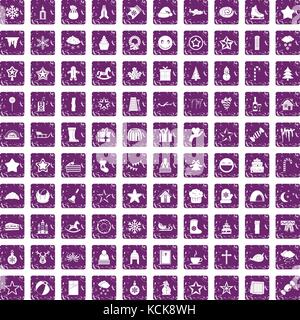 100 christmas icons set grunge purple Stock Vector