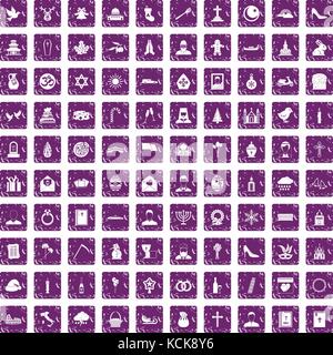 100 church icons set grunge purple Stock Vector