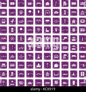 100 city icons set grunge purple Stock Vector