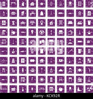 100 cleaning icons set grunge purple Stock Vector