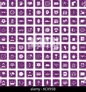 100 clock icons set grunge purple Stock Vector