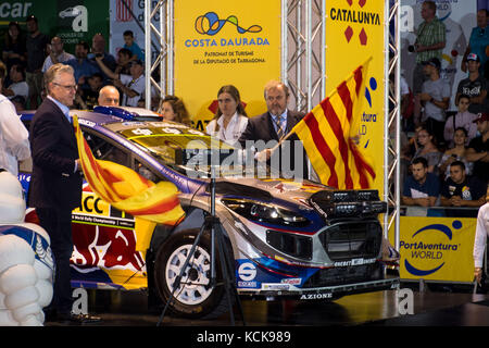 Barcelona, Spain. 05th Oct, 2017. #1 Sébastien Ogier (FRA) and co-driver Julien Ingrassia (FRA) of M-Sport are flagged away at the start of the Rally de España round of the 2017 FIA World Rally Championship. Credit: Hugh Peterswald/Pacific Press/Alamy Live News Stock Photo