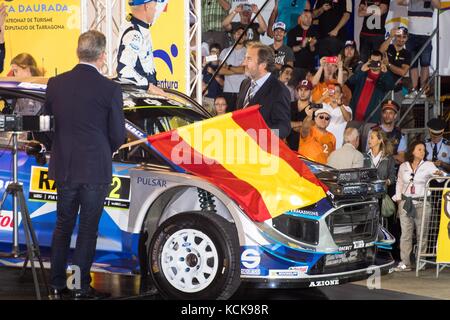 Barcelona, Spain. 05th Oct, 2017. #2 Ott Tanak (EST) and co-driver Martin Jarveoja (EST) of M-Sport are flagged away at the start of the Rally de España round of the 2017 FIA World Rally Championship. Credit: Hugh Peterswald/Pacific Press/Alamy Live News Stock Photo