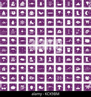 100 clouds icons set grunge purple Stock Vector