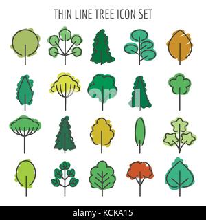 Colored hand drawn tree icons. Summer green and autumn orange and yellow trees with leaves on branches vector illustration Stock Vector