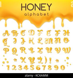 Liquid honey alphabet isolated on white background. Honeyed yellow caramel food font with drops and splashes. Vector illustration Stock Vector