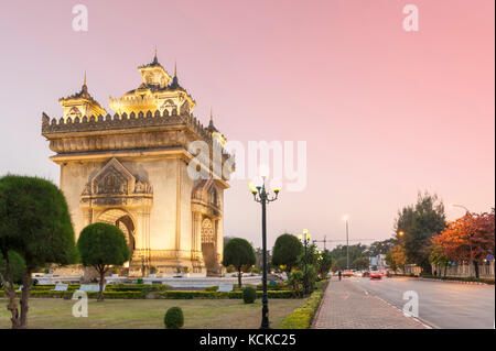 Patuxay or Patuxai Victory Monument, architectural landmark of Vientiane, capital city of Laos Stock Photo