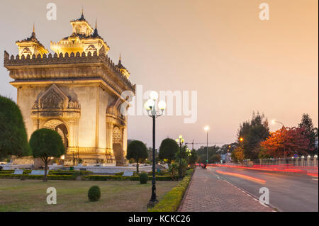 Patuxay or Patuxai Victory Monument, architectural landmark of Vientiane, capital city of Laos Stock Photo