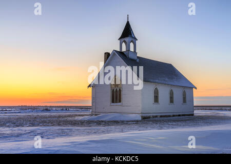 Union Point United Church at dusk, an abandoned church of the ghosttown Union Point, Manitoba, Canada. Stock Photo