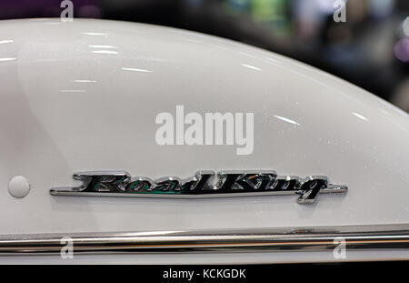 BRNO, CZECH REPUBLIC-MARCH 4,2016: Close up of inscription on fender of motorcycle Harley Davidson Touring Road King on International Fair for Motorcy Stock Photo