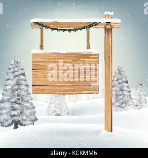 christmas hang wood board sign in snow forest Stock Vector