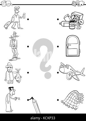Black and White Cartoon Illustration of Educational Pictures Matching Game for Children with People Characters and Objects Coloring Book Stock Vector