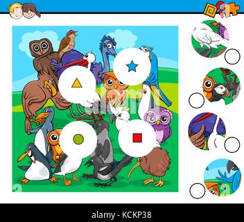 Cartoon Illustration of Educational Match the Pieces Game for Children with Birds Animal Characters Stock Vector