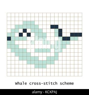 Cross-stitch pixel art butterfly whale animal vector set. Stock Vector