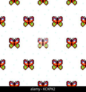 Bright butterfly cartoon pixel art seamless pattern. Stock Vector