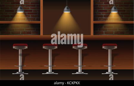 Vector realistic bar, pub interior with brick walls, wooden counter, chairs, shelves and lamps with beam Stock Vector