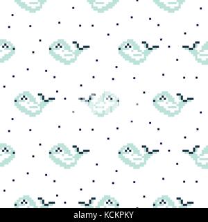Light blue whale cartoon pixel art seamless pattern. Stock Vector