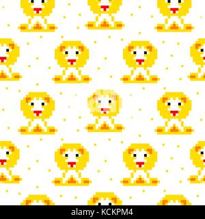 Yellow lion cartoon pixel art seamless pattern. Stock Vector