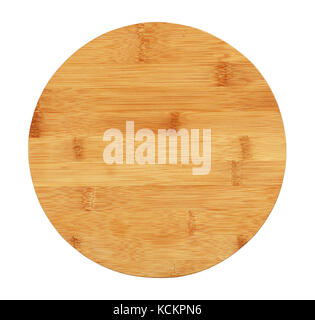 Close up of one round shaped brown, bamboo wood cutting board isolated on white background Stock Photo
