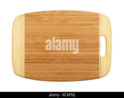 Close up of one old used rectangular shaped brown, bamboo wood cutting board with stains and hack marks, isolated on white background Stock Photo