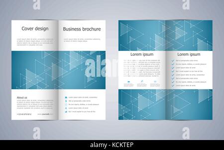 Bi-fold business brochure template with triangles abstract background. Geometric graphics and connected lines with dots. Medical, technological and scientific concept. Vector illustration. Stock Vector
