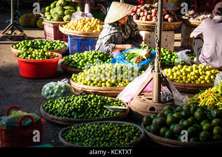 A female market stall vendor in a conical hat selling limes in Dong Ba Market, Hue Stock Photo